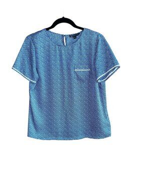 Brooks Brothers Blouse Blue Sea Waves Design White Trim Short Sleeve Classic 10